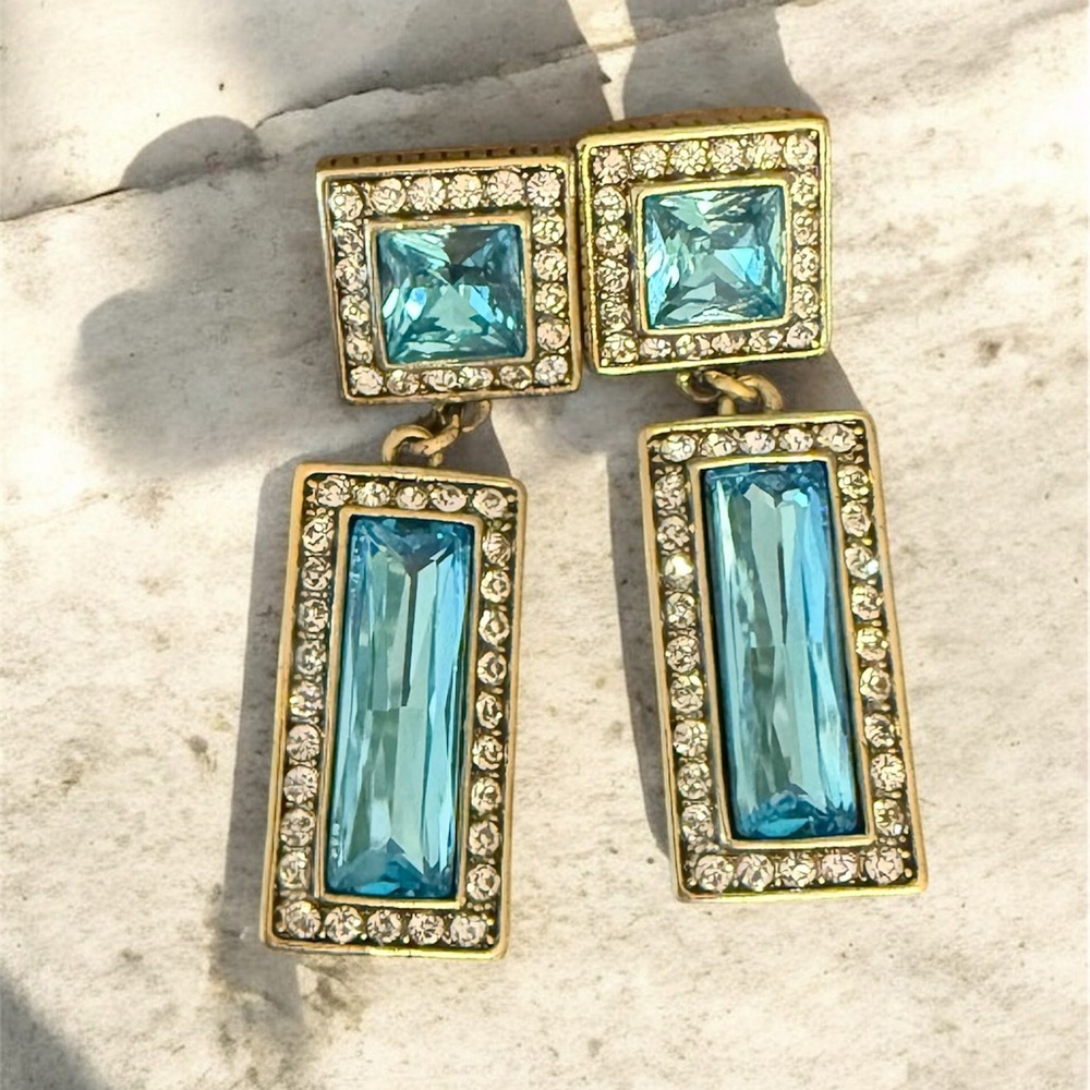Heidi Daus Elegant Gold and Blue Crystal Drop Earrings Signed